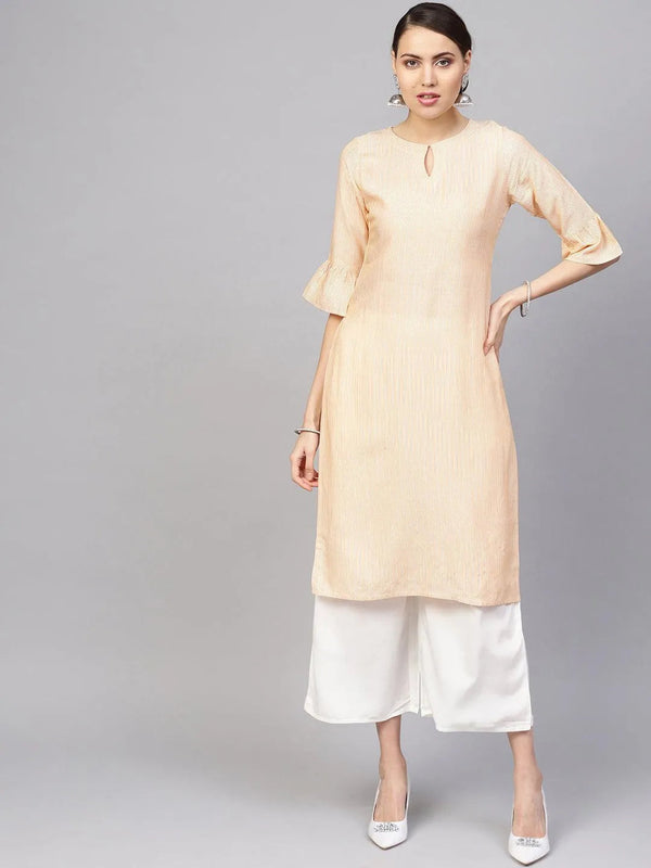 Orange Striped Rayon Straight Kurta With Palazzos