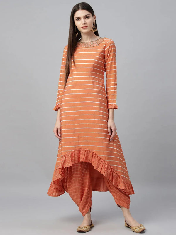 Orange Striped Shantoon Kurta Set - Jashvi