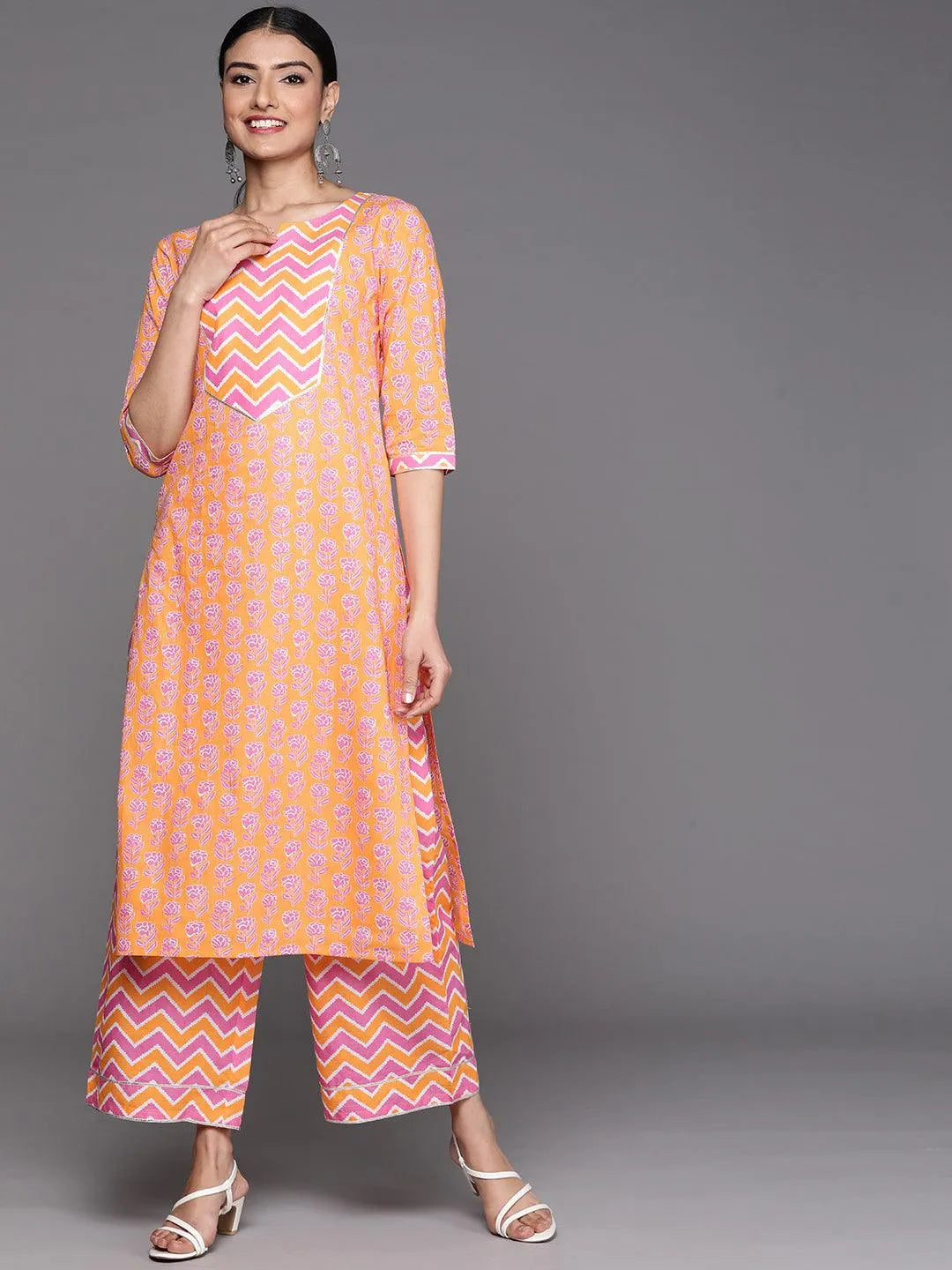 Orange Yoke Design Cotton Kurta - Jashvi