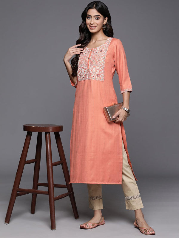 Orange Yoke Design Rayon Straight Kurta - Jashvi