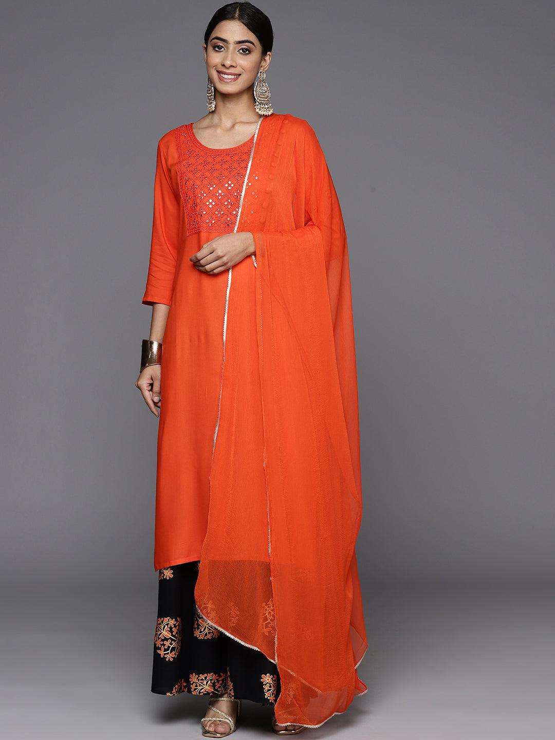 Orange Yoke Design Rayon Straight Kurta With Skirt & Dupatta - Jashvi