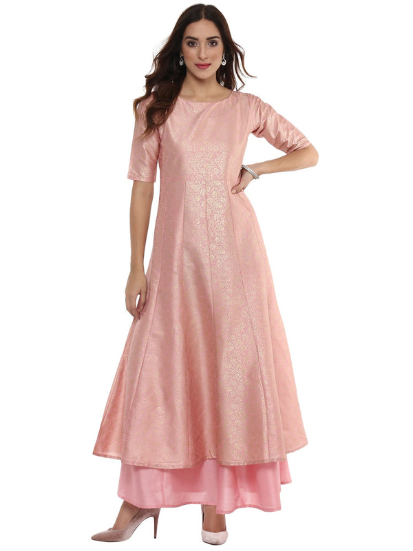 Pink Poly Silk Gold Foil Print Kurta