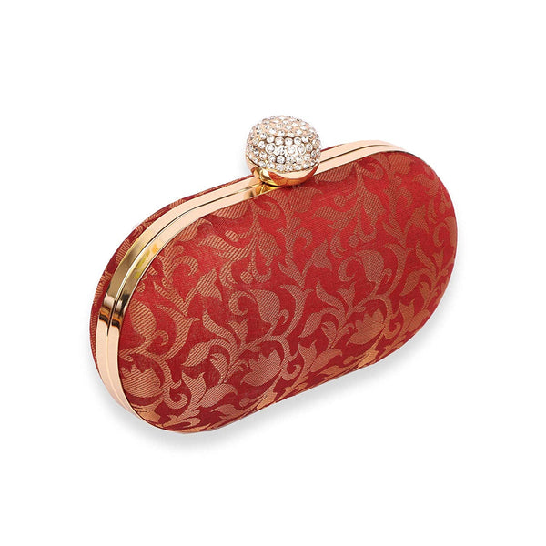 Women's Maroon Color Ethnique Brocade Clutch Bag - VASTANS