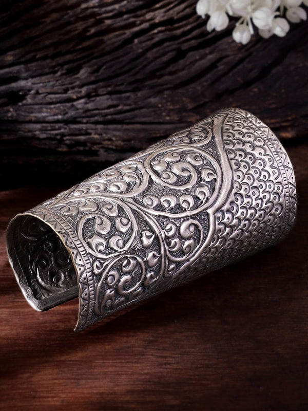 Rubans Oxidized Silver Plated embossed Handcrafted Statement Hand Cuff