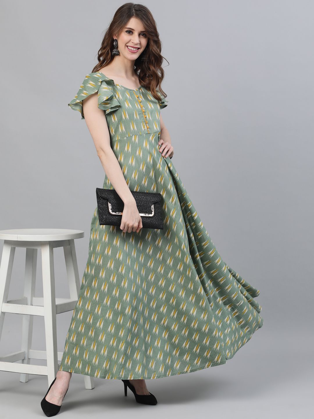 Women's Green Ikat Printed Flared Maxi Dress - AKS