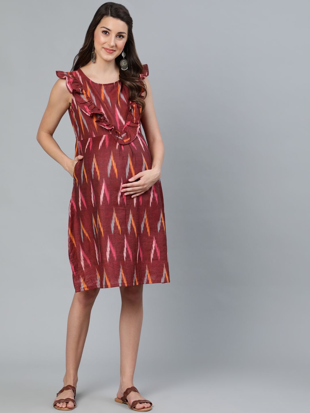 Women's Burgundy Ikat Woven Design Maternity Dress - AKS