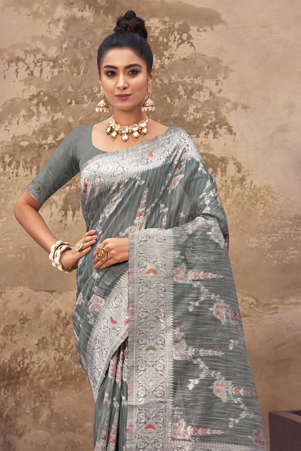 Women's Grey Cotton Silk Woven Zari Work Traditional Saree - Sangam Prints