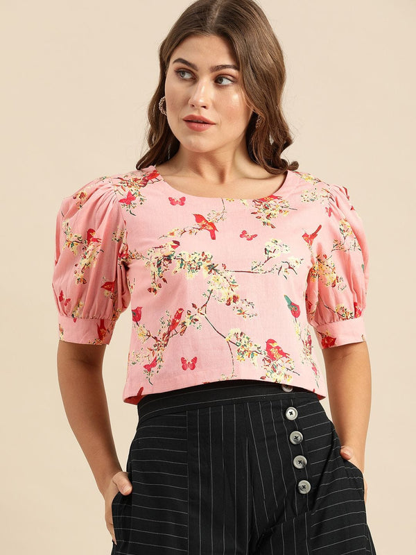 Women's Pink & Yellow Floral Printed Regular Crop Top - Varanga