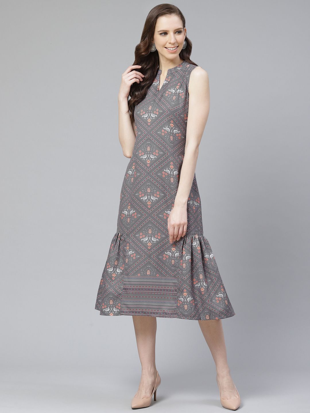 Women's Poly Rayon Grey Colored Digital Printed Flared  Dress - Ziyaa