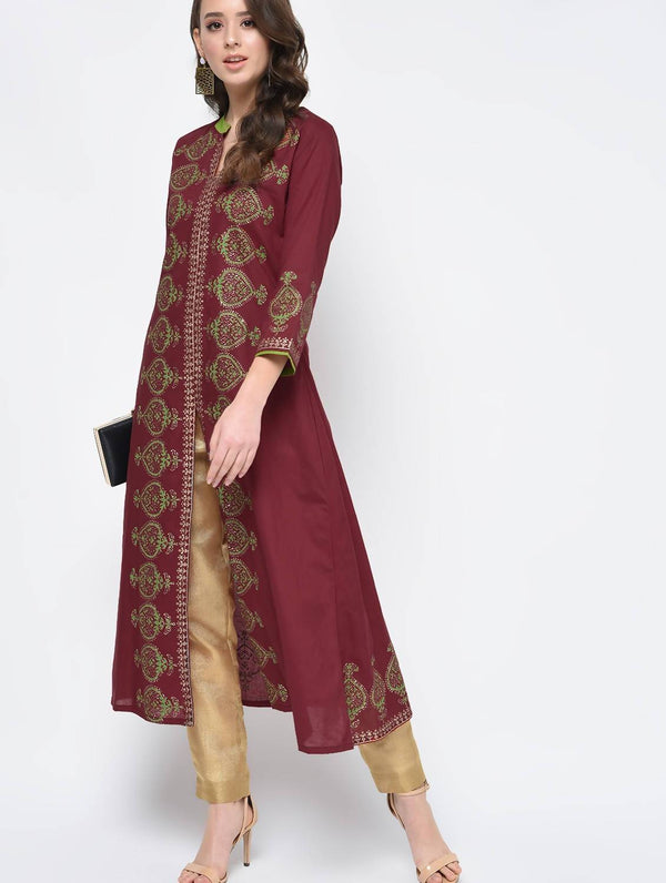 Women's Maroon Hand Block Print A-Line Kurta Only - Cheera