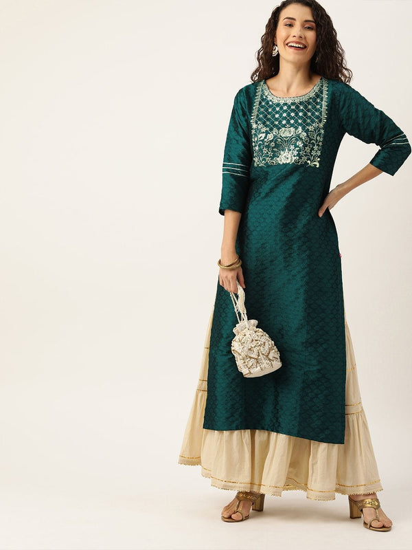 Women's Green & Silver-Toned Yoke Design Straight Kurta - Varanga