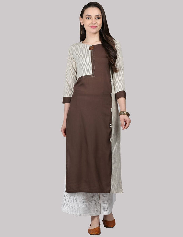 Women's KSUT Brown And White Striped Printed Panelled Straight Kurta - Varanga