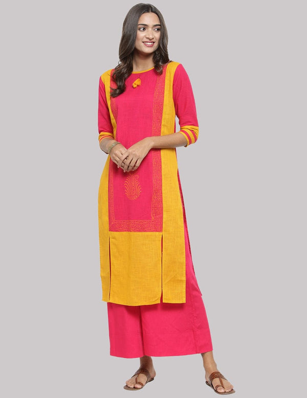 Women's KSUT Mustard And Fushia Panelled Kurta - Varanga