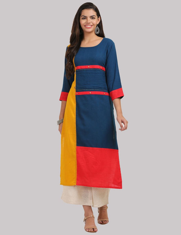 Women's KSUT Navy Blue, Mustard and Red Color Blocked Straight Kurta with Katha Work - Varanga