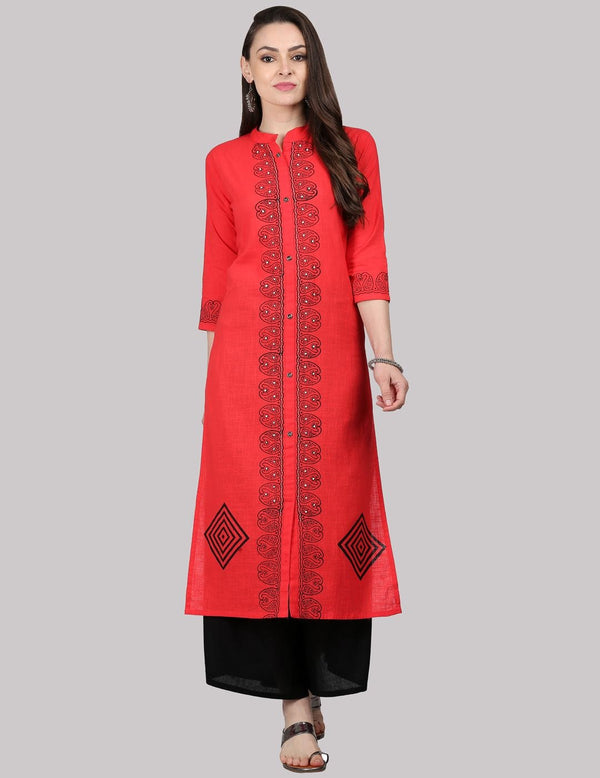 Women's KSUT Red Full Length Placket Straight Kurta with Black Block Print on Front Panel and Sleeves - Varanga