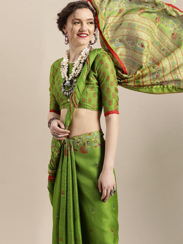 Women's Parrot Green Casual Jute Silk Printed Saree With Unstitched Blouse - Odette