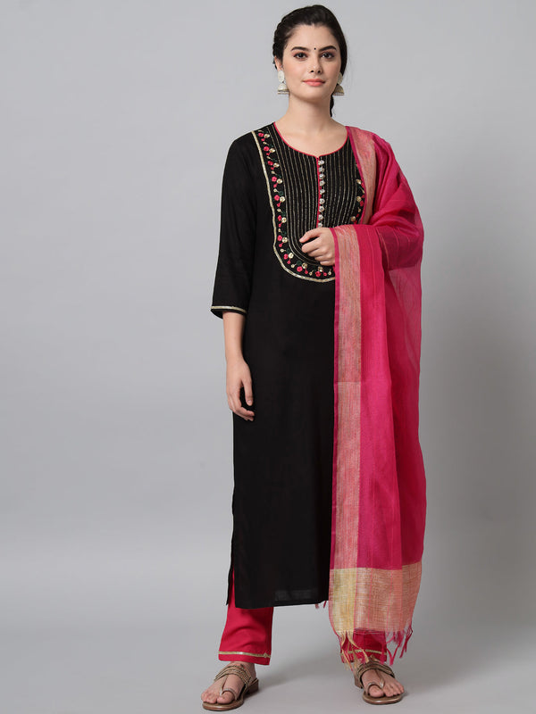 Women's Black Rayon Embroidered Kurta Trouser Set With Dupatta - Noz2Toz