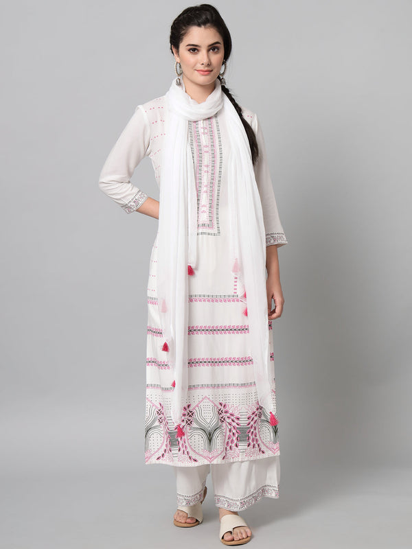 Women's White Block Printed Kurta Palazzo Set  - Noz2Toz