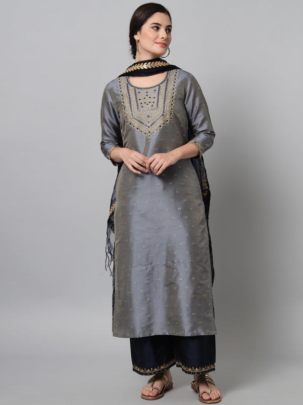 Women's Embroidered Grey Kurta With Navy Blue Palazzo And Dupatta  - Noz2Toz