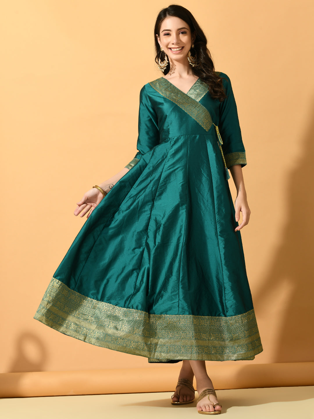 Women's Green Silk  Festive Anarkali Kurta - Myshka