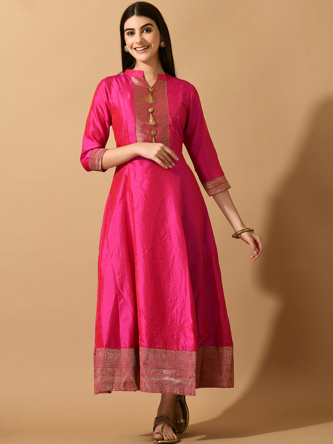 Women's Pink Silk  Festive Anarkali Kurta - Myshka