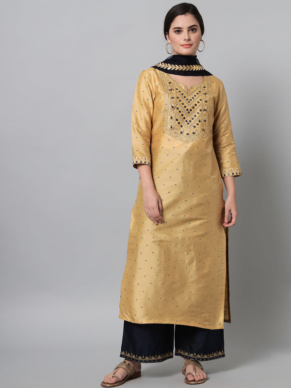 Women's Golden Beige Zari Embroidery Kurta Trouser Set  - Noz2Toz