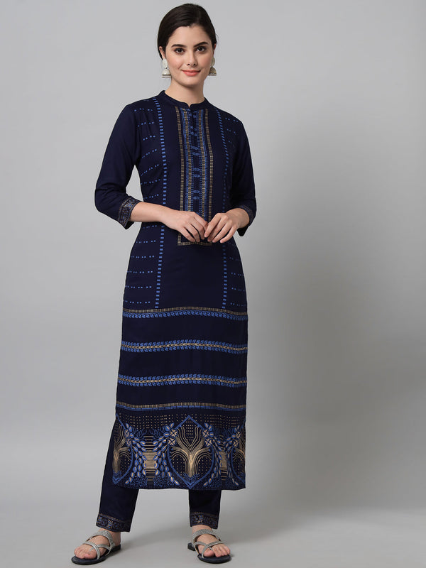 Women's Navy Blue Printed Kurta Trouser Set  - Noz2Toz