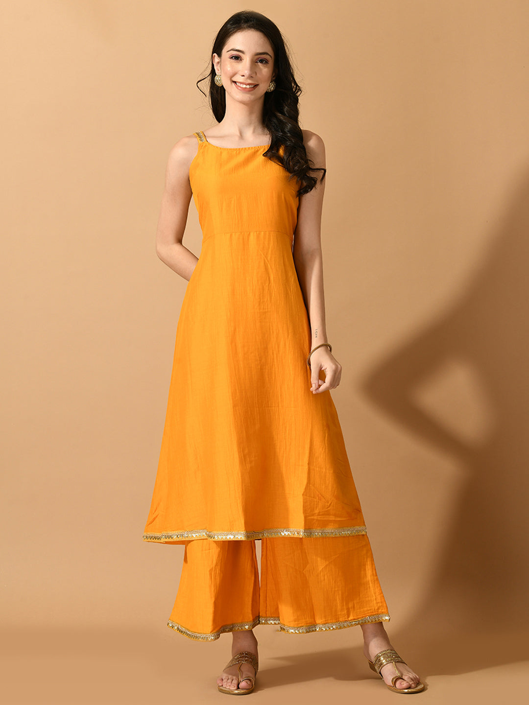 Women's Yellow Solid Party Kurta Sets - Myshka