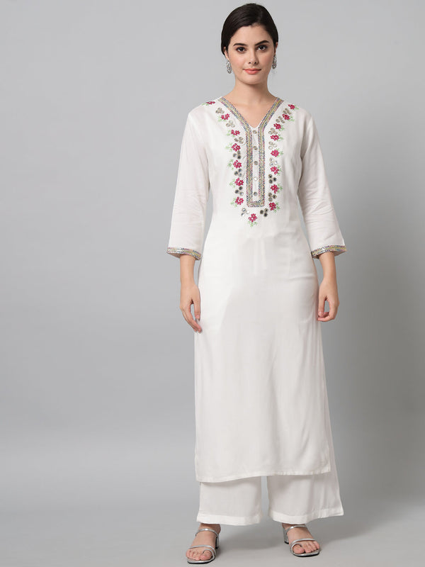 Women's Embroidered White Kurta Palazzo Set   - Noz2Toz