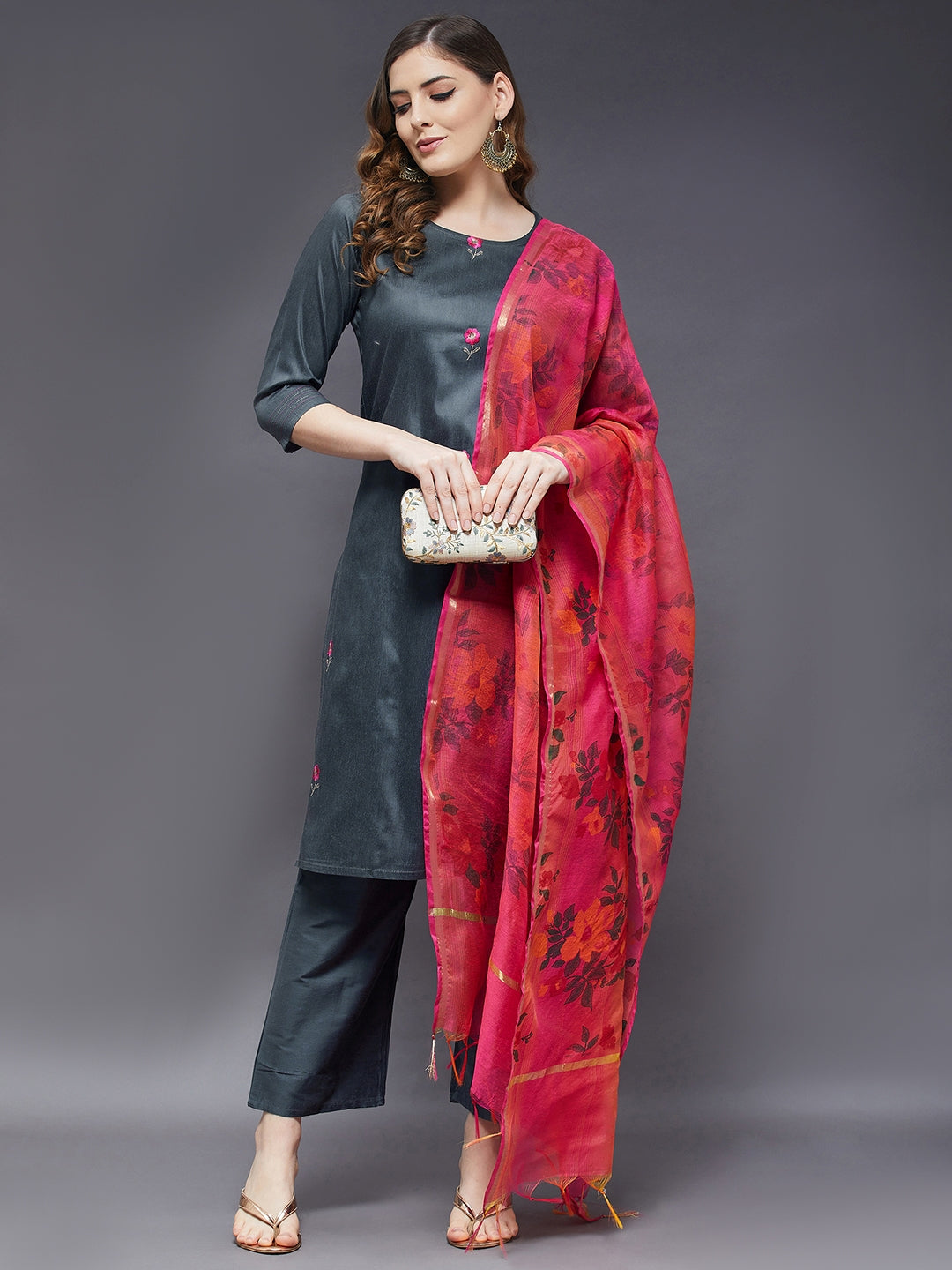 Women's Embroidered Kurta With Trouser And Printed Duppata  - Azira