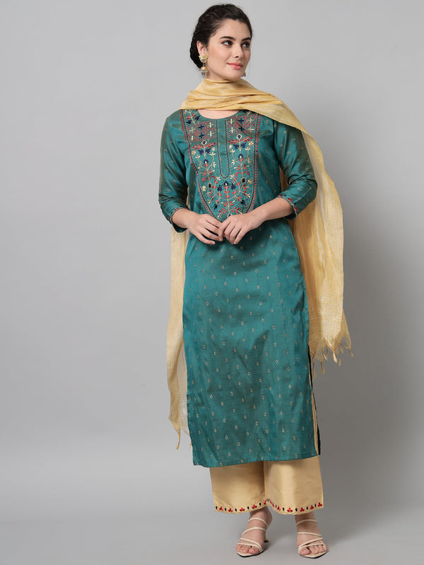 Women's Peacock Green Kurta  Palazzo Set With Embroidery - Noz2Toz