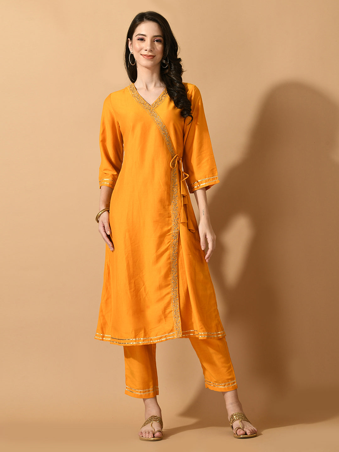 Women's Yellow Solid Party Kurta Sets - Myshka