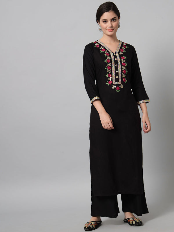 Women's Embroidered Black Kurta Palazzo Set   - Noz2Toz