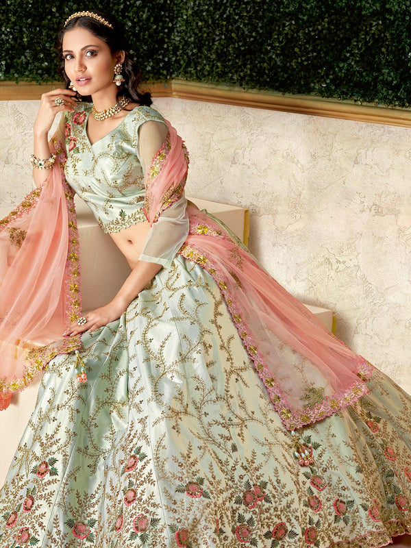 Women's Pastel Blue Dual Tone Taffeta Silk Designer Lehenga Choli - Odette