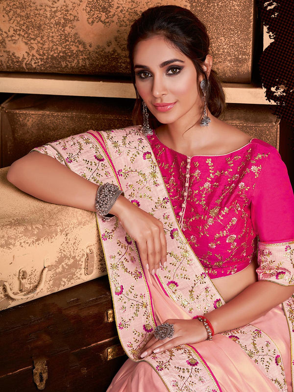 Women's Pastel Pink Silk Georgette Designer Saree With Blouse - Odette