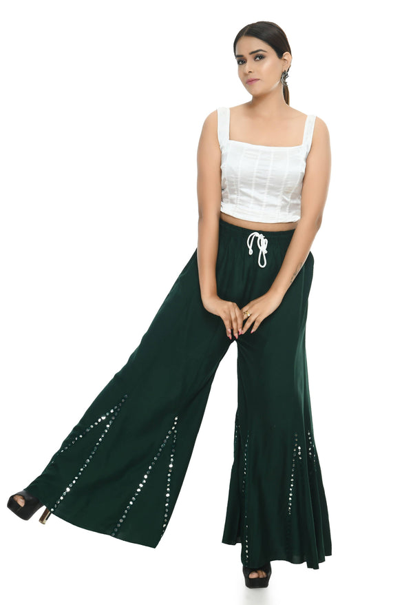 Women's Bottle Green Viscose Rayon Flared Palazzo With Mirror Lace Work Mfp034 - Moeza