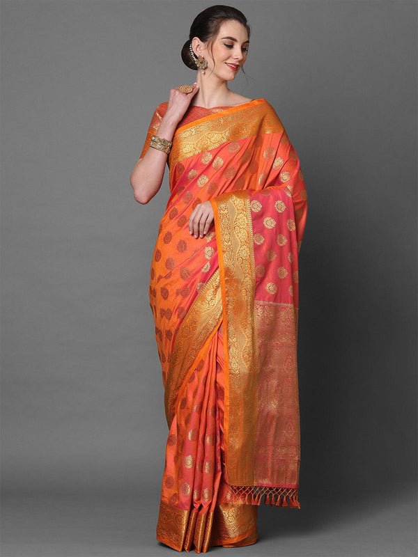 Women's Peach & Orange Party Wear Silk Blend Woven Design Saree With Unstitched Blouse - Odette