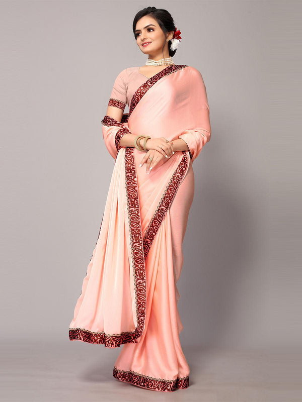 Women's Peach Chiffion Printed Border Saree With Matching Blouse. - Odette