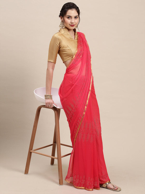 Women's Peach Chiffon Woven Border Saree With Unstitched Blouse - Odette