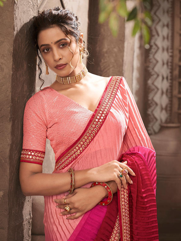 Women's Peach Chinon Crush Heavy Embroidery Saree - Odette