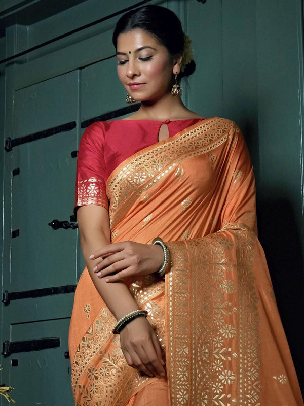 Women's Peach Color Art Silk Saree With Art Silk Blouse - Odette