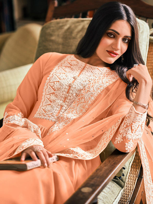 Women's Peach Color Georgette Plazzo Suit - Odette