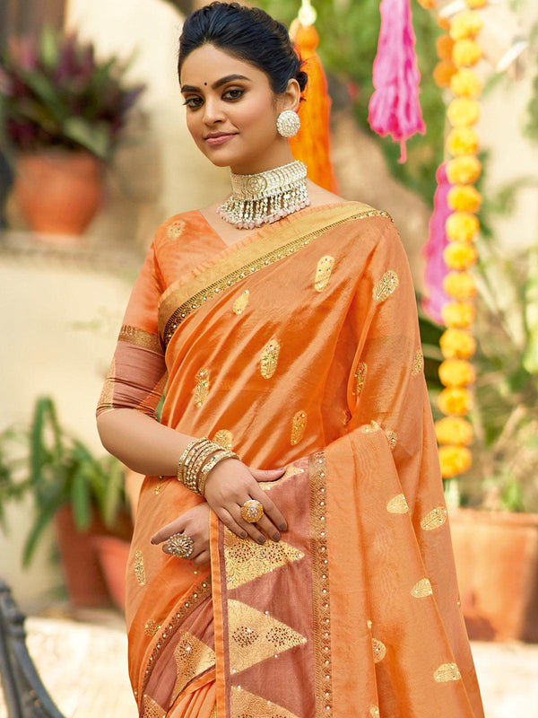 Women's Peach Color Organza Saree - Odette