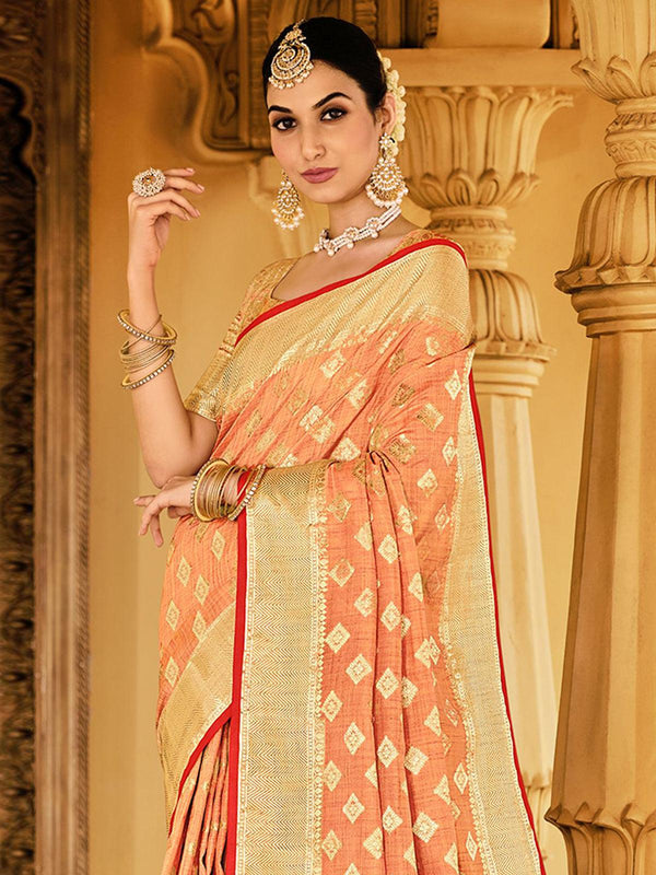 Women's Peach Color Silk Saree - Odette