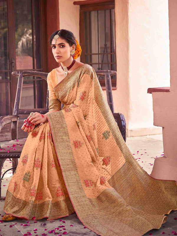 Women's Peach Color Soft Cotton Saree - Odette