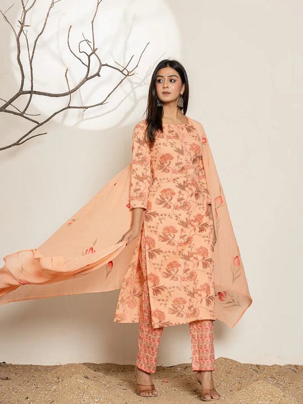 Peach Cotton Floral Print Kurta Dupatta Set