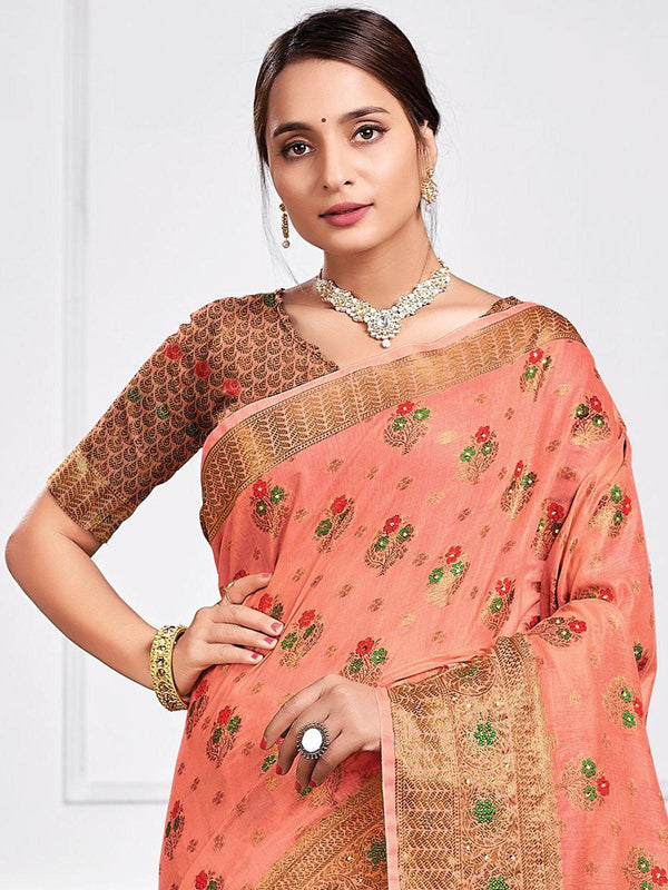 Women's Peach Cotton Heavy Jari Wevon Designer Stone Saree - Odette