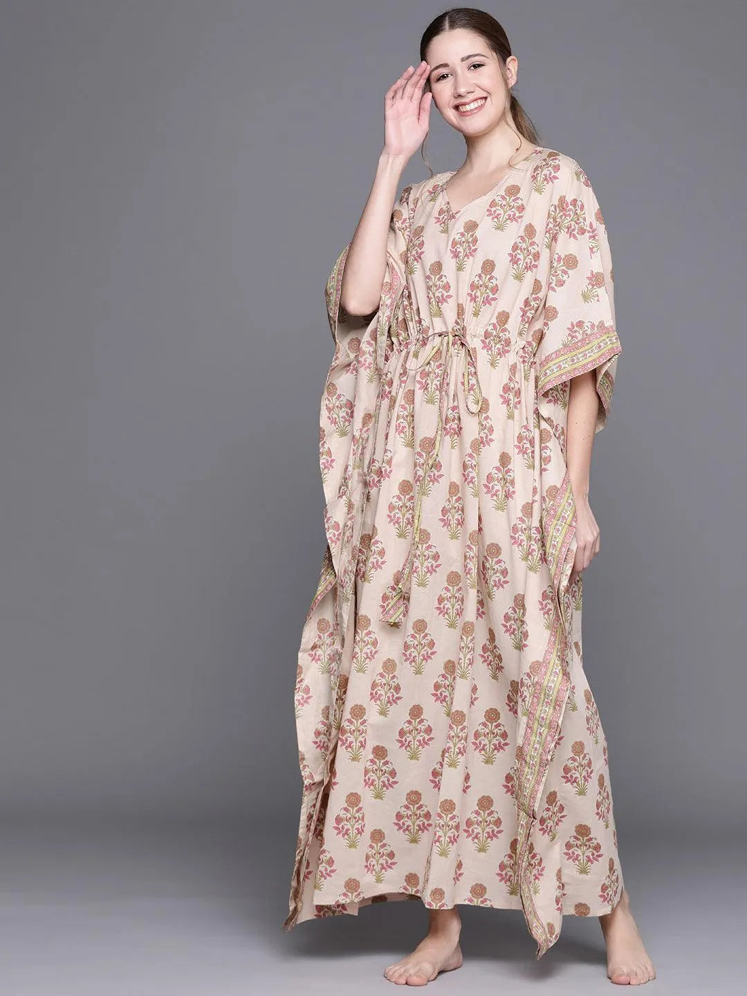 Peach Cotton Printed Kaftan Nightdress - Jashvi