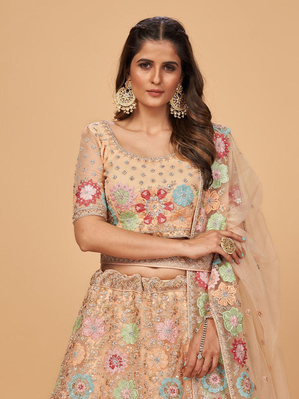 Women's Peach Designer Floral Embroidered Lehenga Set - Odette