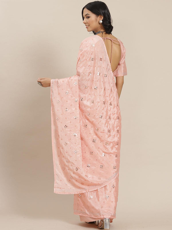 Women's Peach Elegant Mirror Work Saree - Odette